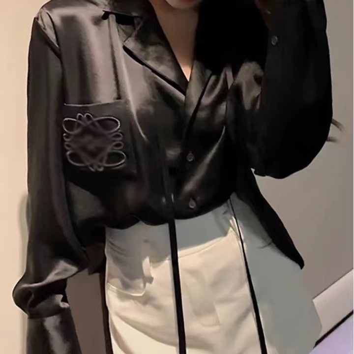 Spring and Autumn Work Acetate Shirt Women's Premium Satin Glossy Satin Classic Commuting Elegant Style Needle Embroidery Shirt