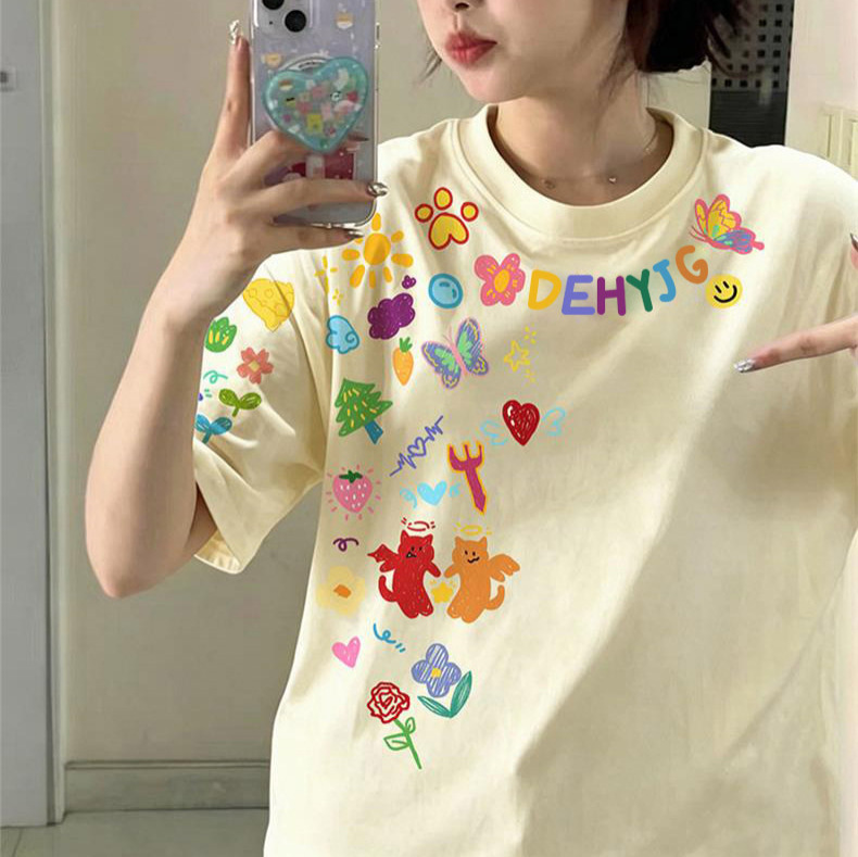 Cartoon Print Pure Cotton Short-Sleeve T-Shirt for Women, 2026 New Style, Plus Size, Spring/Summer, American Design, Loose Fit Top