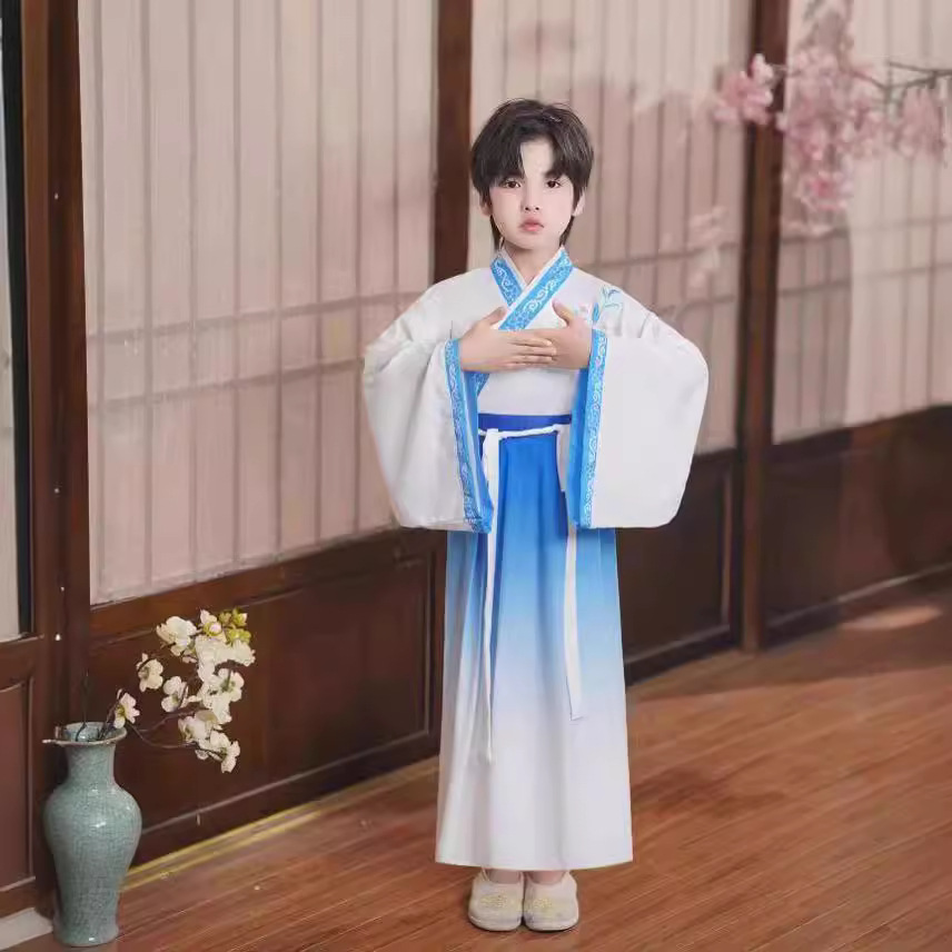 New children's ancient Chinese costumes for boys and girls, including Confucianism study wear, recitation performance, and Three Character Classic and Disciples Code plays.