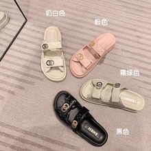 网红同款高品质版~小香风真皮魔术贴厚底休闲拖鞋女凉拖外穿夏