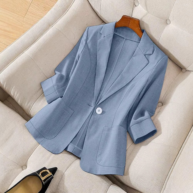 Blue Three-Quarter Sleeve Small Suit Collar Jacket Women's Mid-Sleeve 2025 New Professional Casual Fashion Elegant Versatile Trend Blue Three-Quarter Sleeve Small Suit Collar Jacket Women's Mid-Sleeve 2025 New Professional Casual Fashion Elegant Versatile Trend