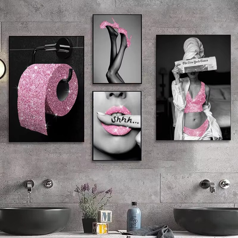 Cross-Border Black and White Fashion Girl Pink High Heels Toilet Bathroom Poster Canvas Decorative Painting Core Frameless