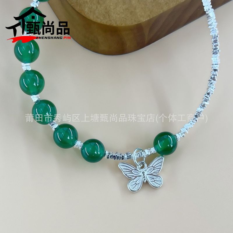 碎银几两蝴蝶玛瑙手串时尚百搭轻奢低调纯银手饰品蝴蝶手链绿玛瑙|undefined