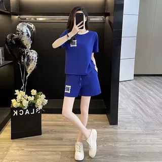 纯棉克莱因蓝新款夏季套装时尚短袖短裤减龄休闲洋气运动两件套女