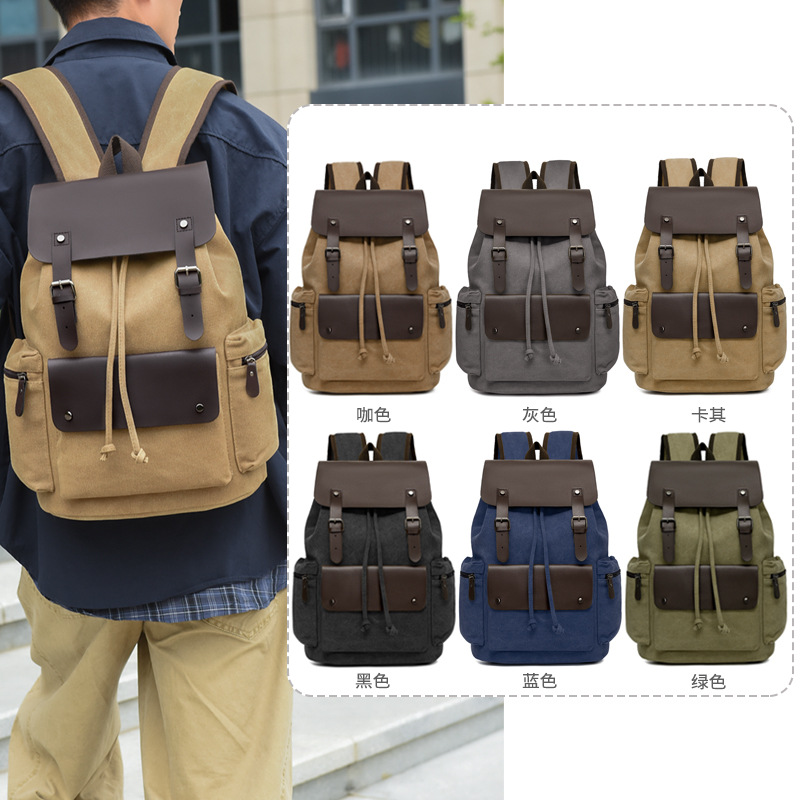 Mochila de lona sencilla para hombre, de gran capacidad, estilo retro europeo y americano, superventas transfronteriza de fábrica, disponible para dropshipping.