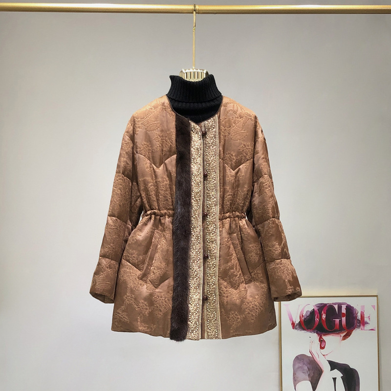 High-End Mid-Length Mink Fur down Jacket for Women, Waist-Cinching Goose down Jacquard Beaded Warm Jacket, Retro Slimming Look