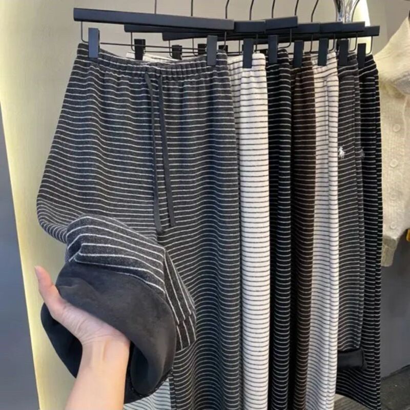 0286 (Original Quality) Striped Elastic Waist Drawstring Wide-Leg Pants for Women, New High-Waisted Fleece-Lined Casual Pants for Women