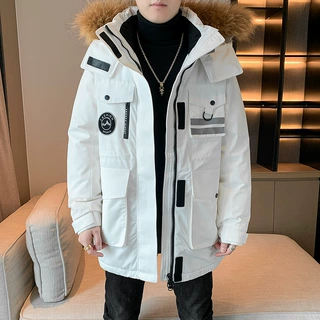 新款男士中长款冬季加厚保暖毛领连帽羽绒服潮牌百搭外套