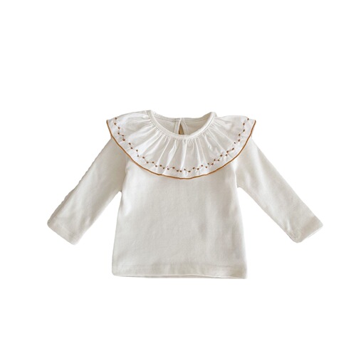 Infant and child T-shirt  autumn new style baby girl embroidered lotus leaf collar bottoming shirt top white versatile style
