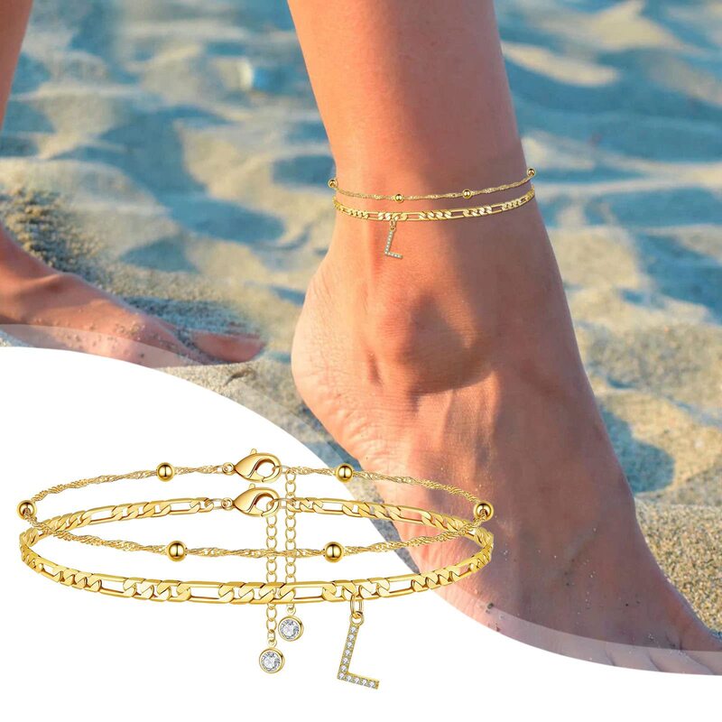 Amazon's New Double-Layer Letter Anklet Stainless Steel 18K Gold-Plated Water Wave Chain Fashionable Double-Layer Initials Anklet