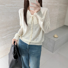 欧根纱细羊毛v领飘带蝴蝶结毛衣半高领打底衫蕾丝花边上衣韩版女