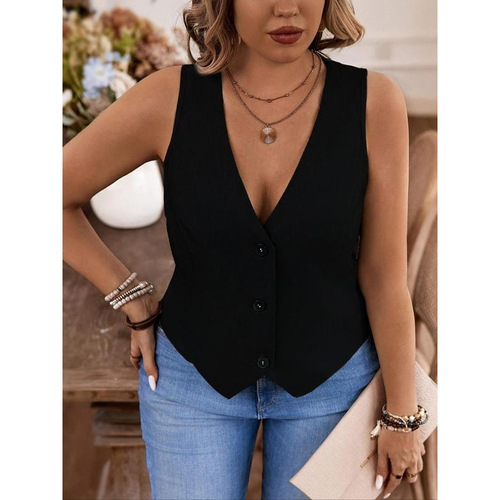Solid Color V-neck Vest Casual Basic Fitted Sleeves