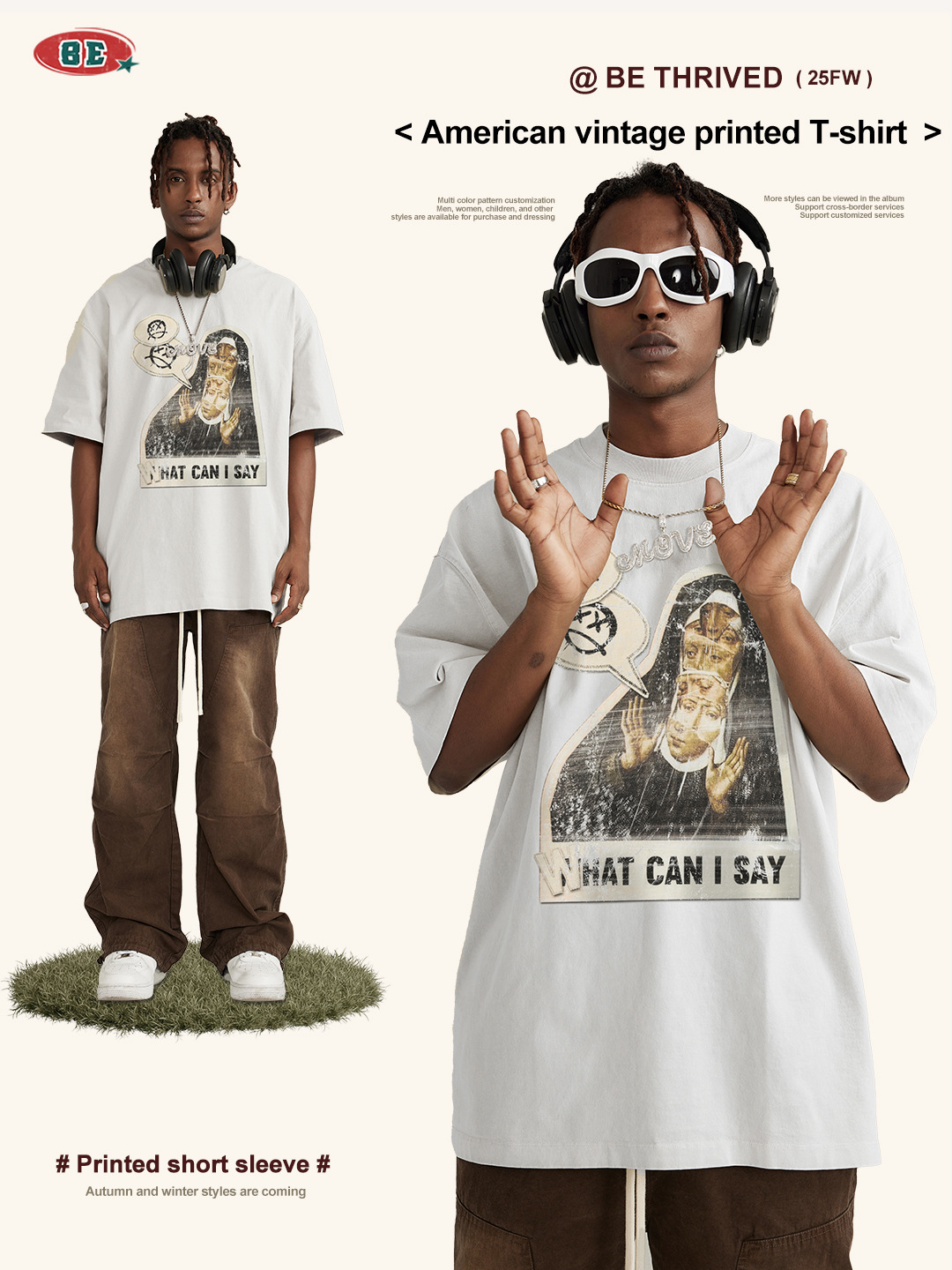 Ropa para Hombre BE | Camiseta Retro de Verano 2025, Estilo Europeo y Americano, con Ilustraciones Oscuras y Divertidas, de Corte Holgado y Manga Corta para Hombre