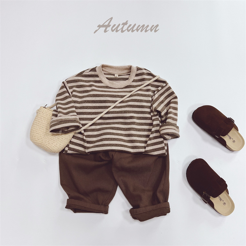 Otoño 2024 Camiseta de manga larga para niños Corea del Sur niños rayas retro cuello redondo suelta niños y niñas top