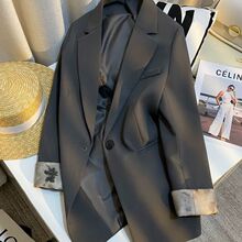 高级设计感灰色西装外套女春秋新品国风印花休闲百搭气质小西服