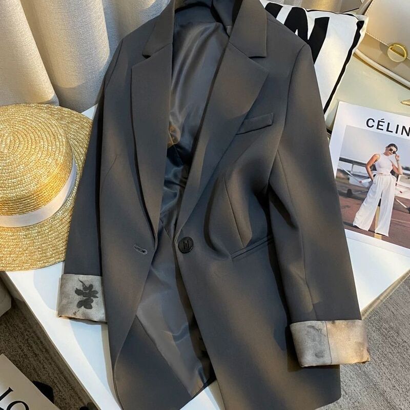 High-End Design Gray Suit Jacket for Women, Spring & Fall New National Style Printed Casual Versatile Small Suit High-End Design Gray Suit Jacket for Women, Spring & Fall New National Style Printed Casual Versatile Small Suit