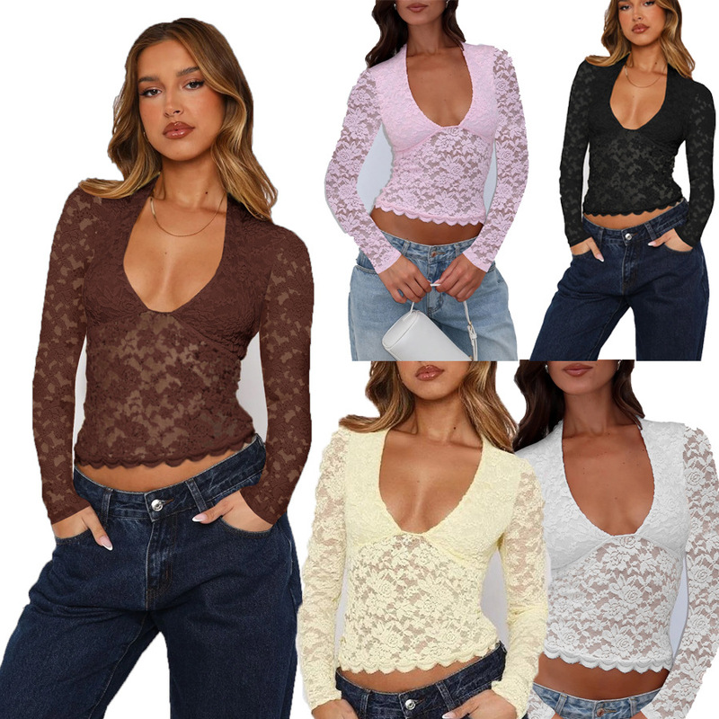 Cross-Border Amazon Solid Color European and American Hollow Lace V-Neck Long-Sleeve Top Hot Girl Lace T-Shirt Tight-Fitting Base Women's Clothing Cross-Border Amazon Solid Color European and American Hollow Lace V-Neck Long-Sleeve Top Hot Girl Lace T-Shirt Tight-Fitting Base Women's Clothing