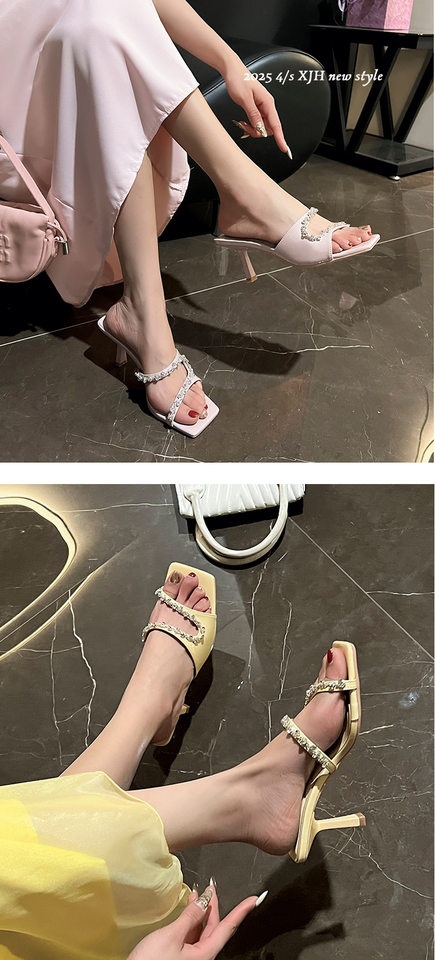 Dép sandal nữ quai ngang gót nhọn hở mũi đính đá, mũi vuông — Màu hồng nhạt, Màu vàng nhạt, Màu đen chi tiết 8