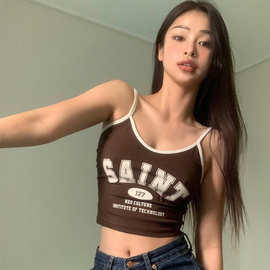 跨境欧美风2024夏季新款女装修身街头时尚字母印花露脐吊带小背心
