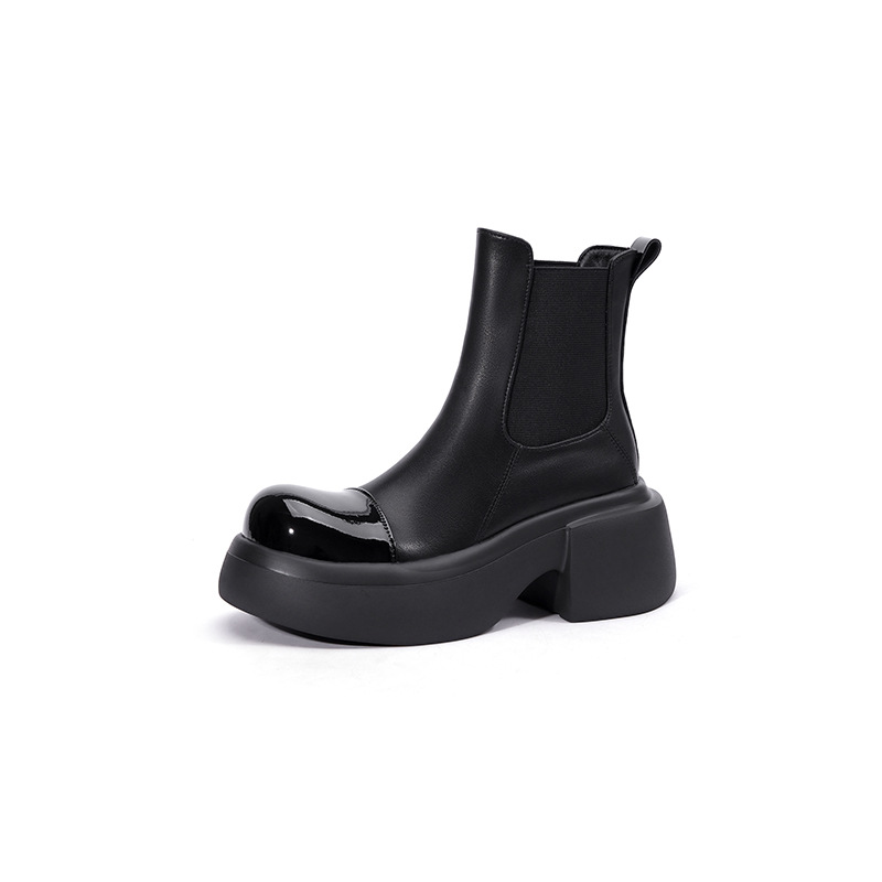 Giày boot Chelsea da thật cổ ngắn phối màu thu đông 2025, gót 6cm đế dày — đen, Màu trắng nhạt