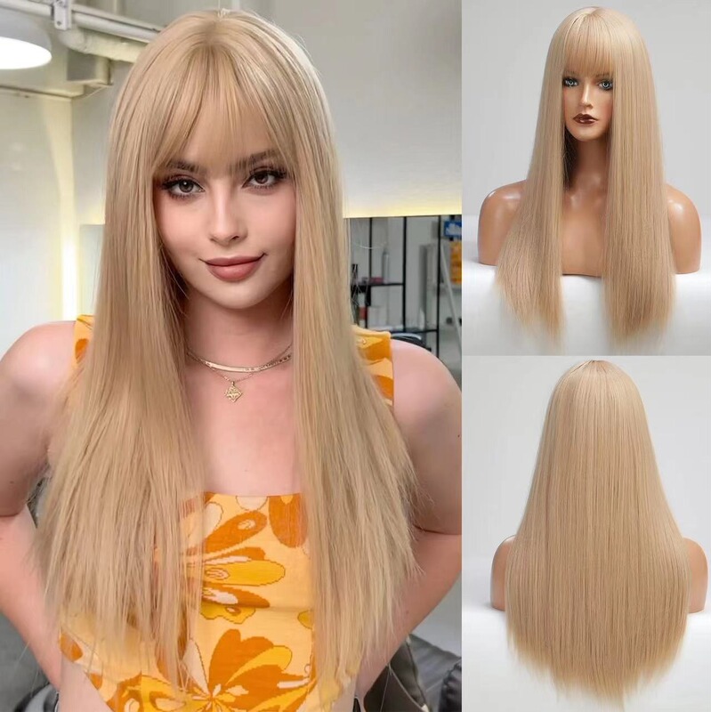European and American Wig Female Long Straight Hair Wig Set with Bangs Light Golden Long Straight Hair Cosplay Wig Hair Set