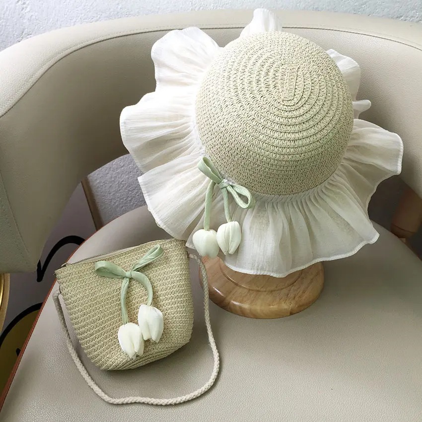 Sombrero de paja para niña de verano Estilo de verano Princesa Playa Protector solar Sombrero grande Sombrero de pescador de tulipán Sombrero de paja