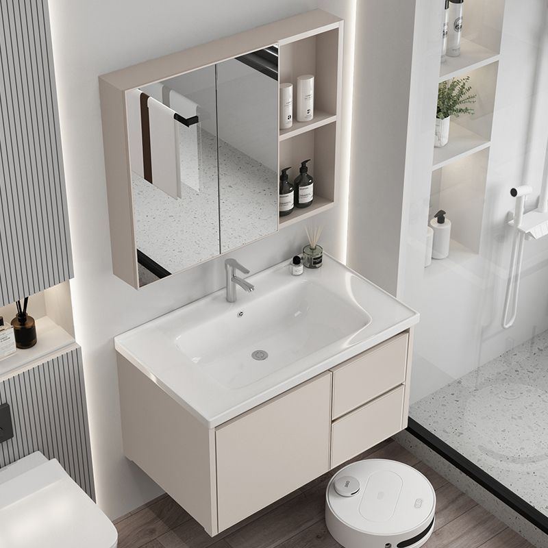Cream-Colored Bathroom Cabinet with Integrated Ceramic Basin, Space Aluminum Washstand, Makeup Cabinet, Washbasin for Small Apartments