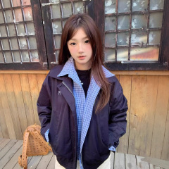 美式复古翻领夹克外套女秋冬撞色格子拉链开衫宽松显瘦假两件上衣