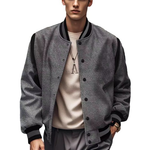 2025 TEMU Casual Fashionable European & American Trendy Brushed Fabric Cardigan with Patchwork and Tie-Back Design, Inspired by Baseball Style