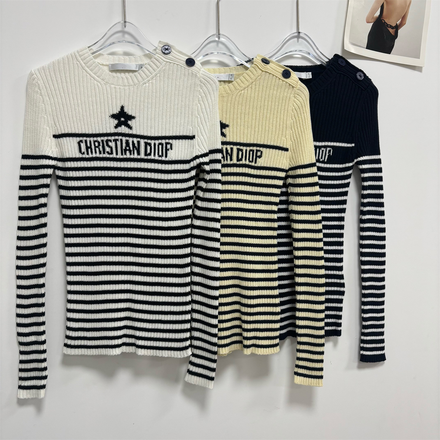 一件代发南油品质D家秋冬海军风五角星刺绣字母条纹针织衫毛衣女