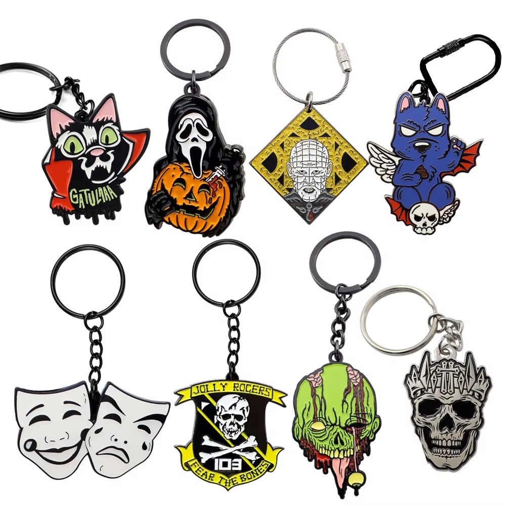 Halloween metal keychain, custom-made with unique shapes, zinc alloy, enamel, and baked paint finish; gift item with logo, custom design available
