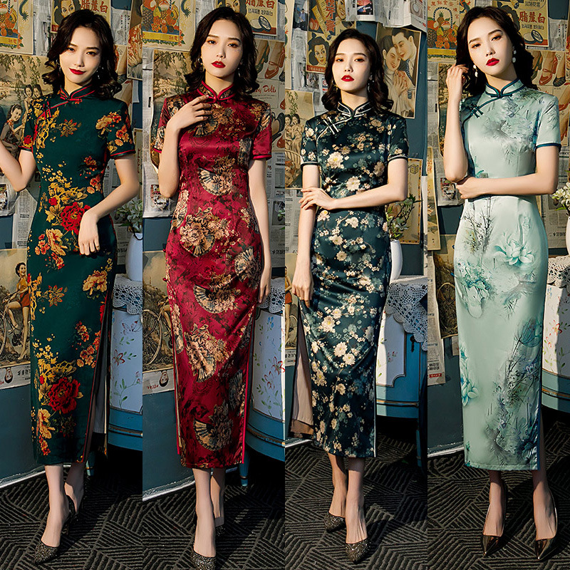 New Flower Luo Cheongsam Dress Three-point Sleeve Long Improved Side Eight Buckle Double-layer Cheongsam