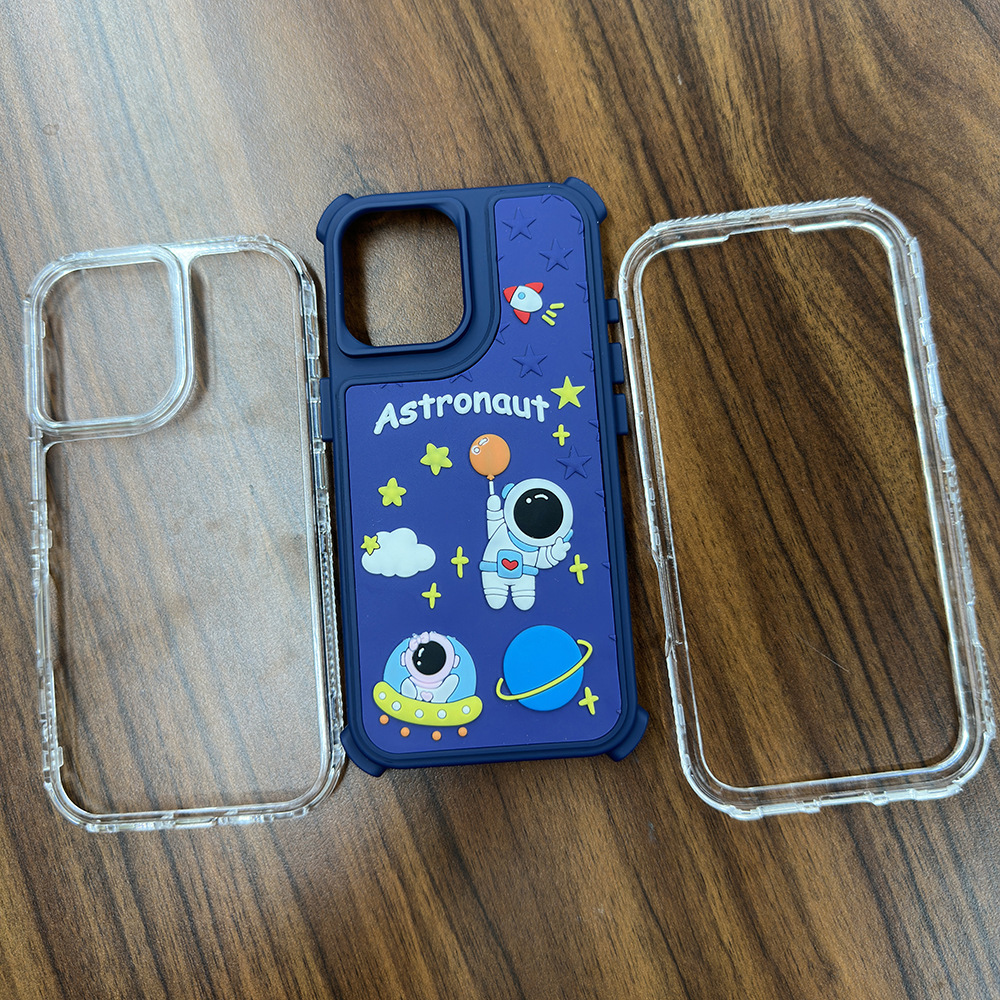 PVC贴皮3D立体卡通图案适用iPhone16/17ProMax亚克力四合一保护套