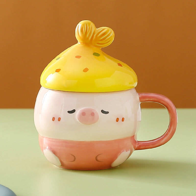 Piggy マグカップ ins 高価値セラミックカップ蓋付きスプーンカップかわいいウォーターカップセラミッククリエイティブカップルカップ|undefined