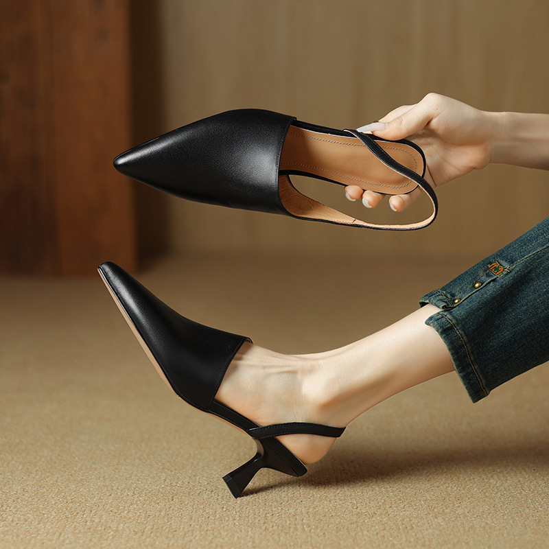 Giày sandal cao gót nữ mũi nhọn kiểu Pháp, da bò thật, gót mèo, hở mũi hở lưng — đen
