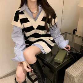 跨境爆品1688外贸秋冬针织背心马甲条纹时尚宽松毛衣马夹女批发