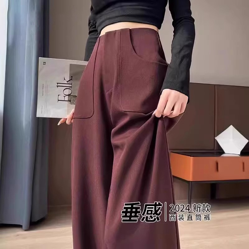 Angola trajes rojos pantalones de piernas anchas para mujeres 2024 primavera y otoño nuevo estilo de cintura alta sensación de pluma versátil pantalones casuales de edición estrecha