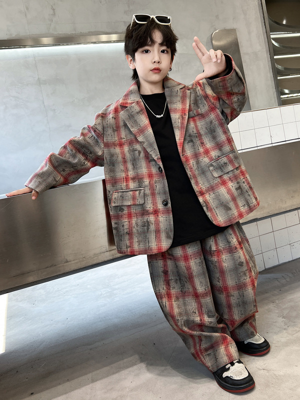 秋季男童西装套装新款童装儿童男孩西装外套裤子两件套格子帅气潮|undefined
