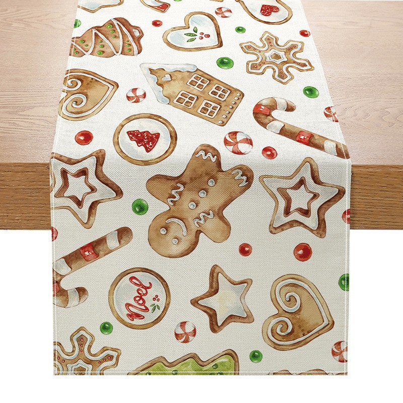 Camino de mesa navideño con estampado de muñeco de nieve y Santa