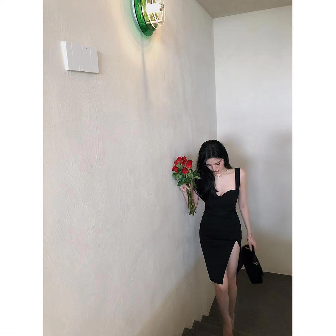 2024 Summer Design black sexy oblique slit double shoulder dress women's dress slim tube top suspender skirt