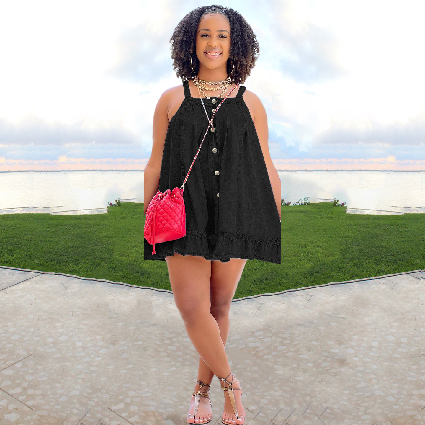 women's clothing Solid color suspenders button pocket loose washed denim dress_mkmklike.com