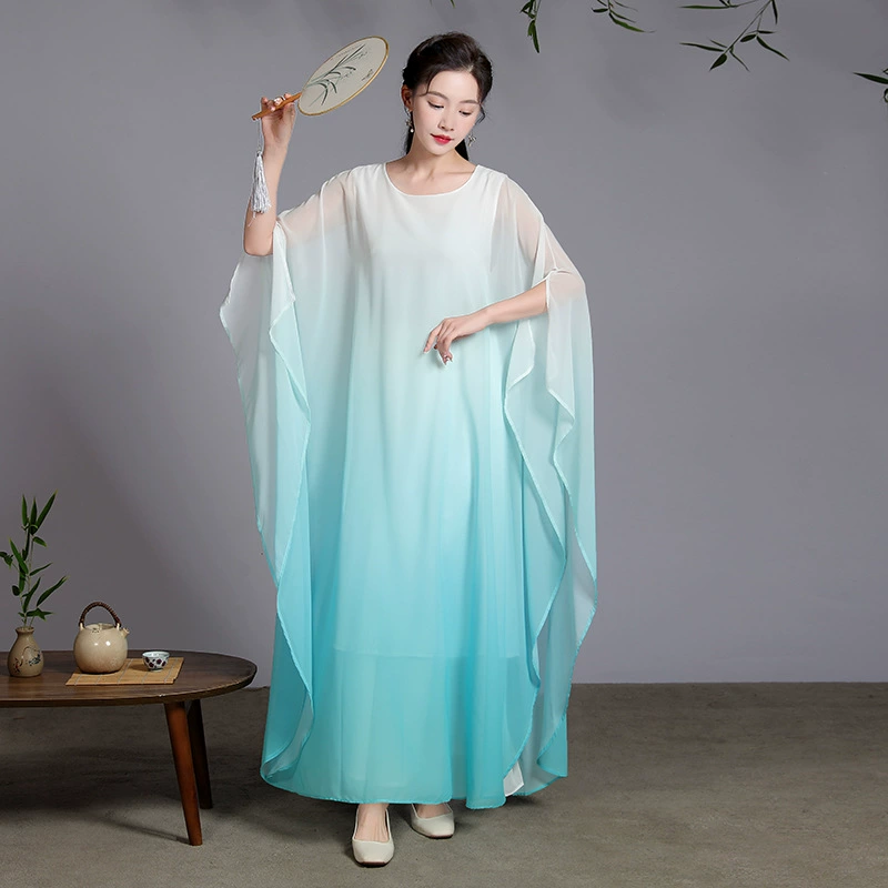 Настоящая осенне-летняя градиентная шифоновая одежда с большим подолом в стиле ретро, ​​фея, чайная художественная одежда, одежда в стиле дзен, танцевальное платье для женщин