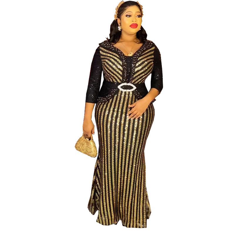 Africa Cross-border 2023 New Sequins Fashion Women's Seven-sleeve Fishtail Long Dress Sleeve Fashion Evening Wear Europe and America