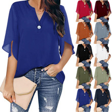 亚马逊夏季欧美外贸女装短袖休闲纯色V领雪纺衬衫 2022新款衬衣女