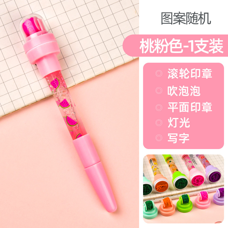 Pluma de burbuja de celebridades en línea multifunción TikTok mismo estilo 5 en 1 sello de rodillo de luz bolígrafo creativo de soplado mágico para niños