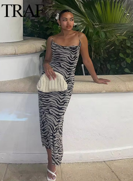 Cross-border Summer New Women's Clothing Animal Print Strap Long Dress Slimming And Sexy Pleated Design_ecoleips.com