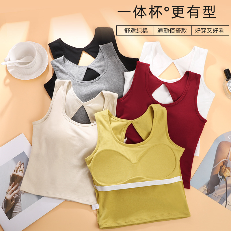 Primavera y verano chaleco de algodón con espalda hermosa para mujer con almohadilla para el pecho ropa interior sexy sin espalda chica caliente blusa corta sin mangas