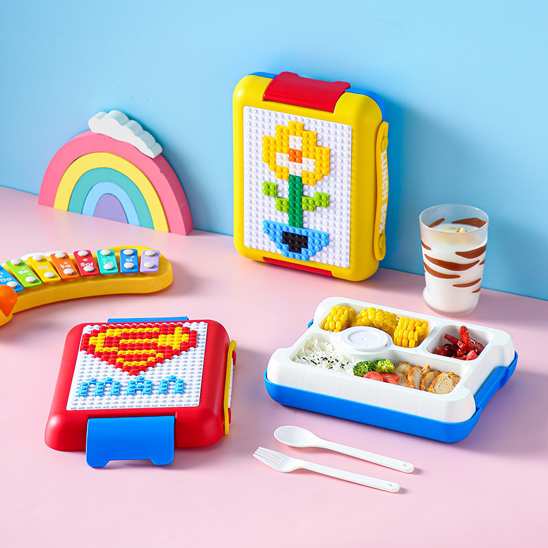 Cartoon DIY pixel building blocks children's compartment plastic lunch box student lunch lunch box picnic fruit salad box Cartoon DIY pixel building blocks children's compartment plastic lunch box student lunch lunch box picnic fruit salad box