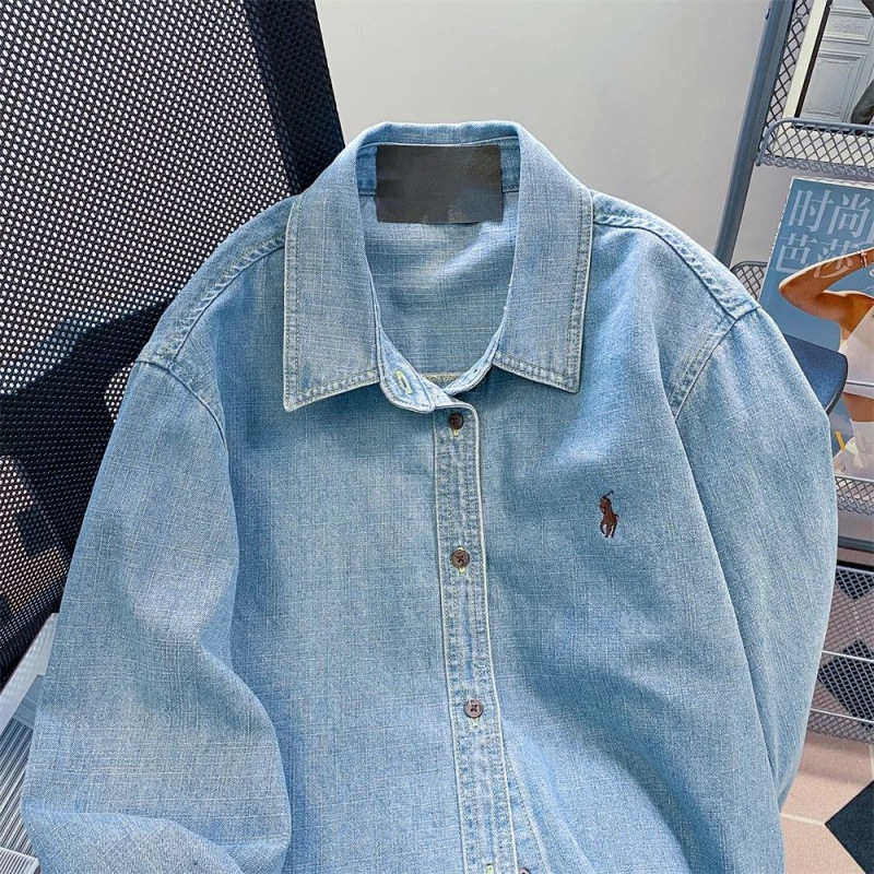 Sky Blue Denim Embroidered Shirt for Women, Fresh Autumn and Winter Loose Casual Design Niche Long-Sleeved Top Jacket