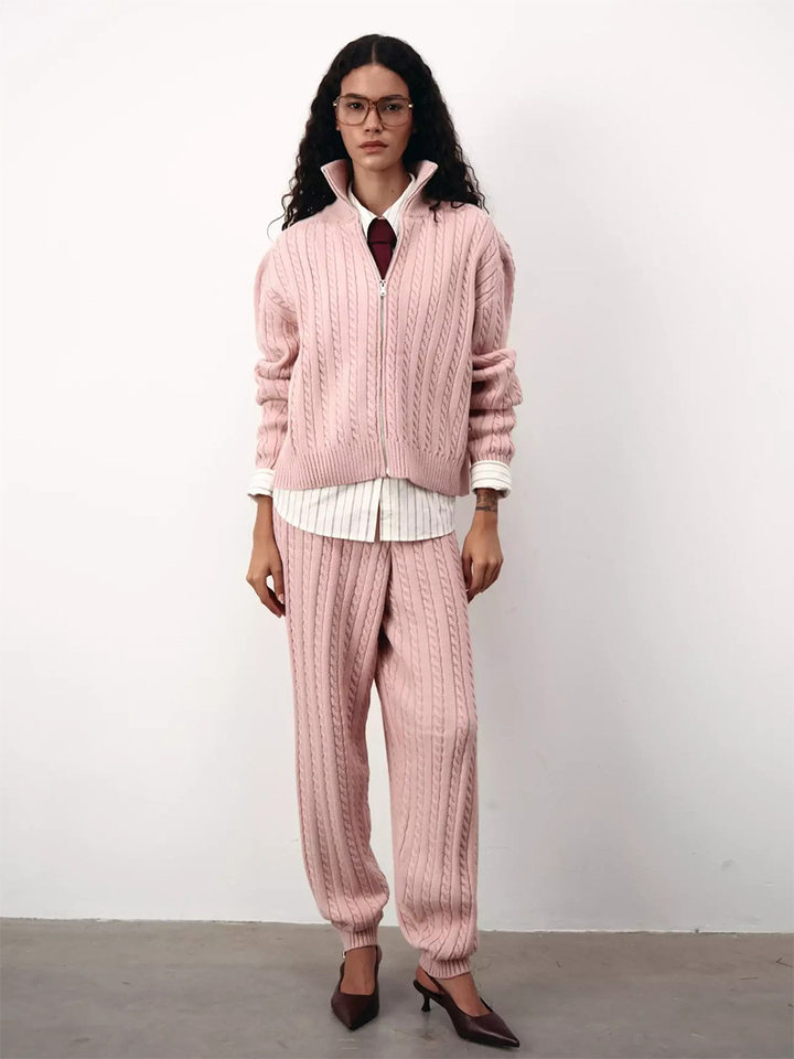 Bộ hai món nữ áo len cardigan cổ bẻ khóa kéo phối quần dài ống đứng, form rộng — Bộ hai mảnh áo len màu hồng, Bộ hai mảnh áo len màu sô cô la, Bộ hai mảnh áo len màu xanh ô liu, Bộ hai mảnh áo len màu xám chi tiết 36